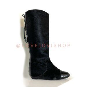 Vintage 80s | Made in Italy Black Auth Calfhair Corseted Tall Boot w Wide Shaft